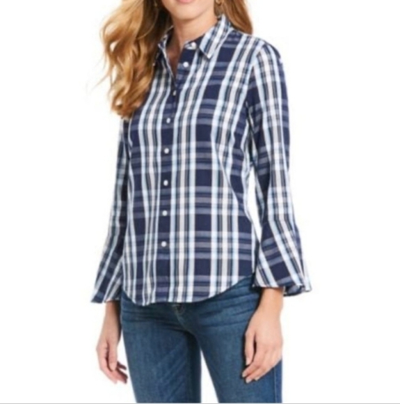 DRAPER JAMES BLUE PLAID BELL SLEEVE BLOUSE BUTTON UP SHIRT TOP WOMEN SIZE 4 - Picture 2 of 12